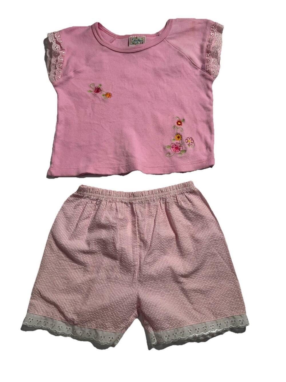 Mon Petit Girls 18M Pink Floral Embroidered Top & Seersucker Shorts Set